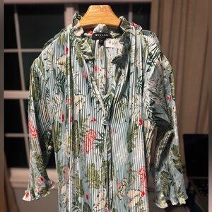 BEULAH Pleated Long Maxi Dress Green Blue Floral Ruffle Collar Key Hole One Size